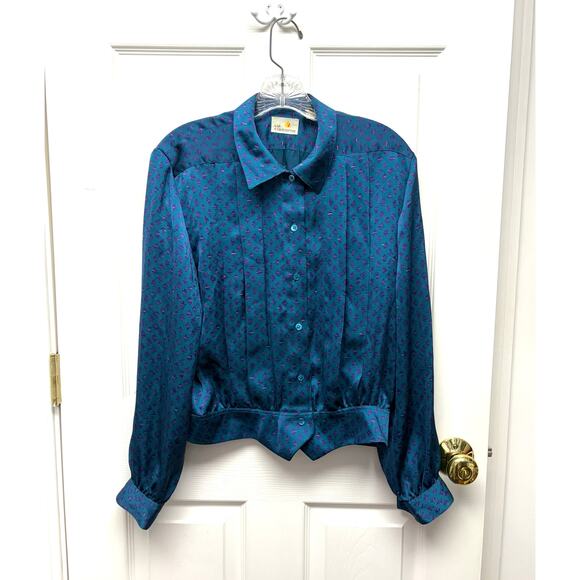 Vintage Liz Claiborne Teal Purple Print Blouson Blouse Size 10 Secretary Style - Picture 1 of 6